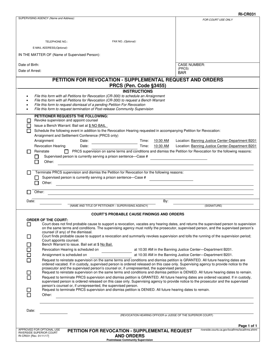 Form RI-CR031 Petition for Revocation - Supplemental Request and Orders - County of Riverside, California, Page 1