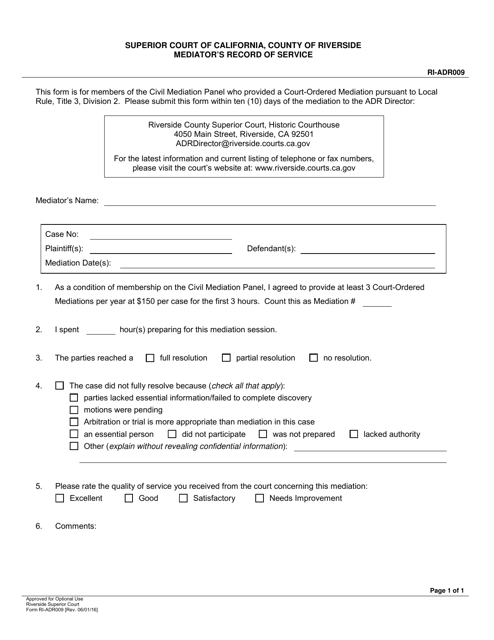 Form RI-ADR009 Mediator's Record of Service - County of Riverside, California