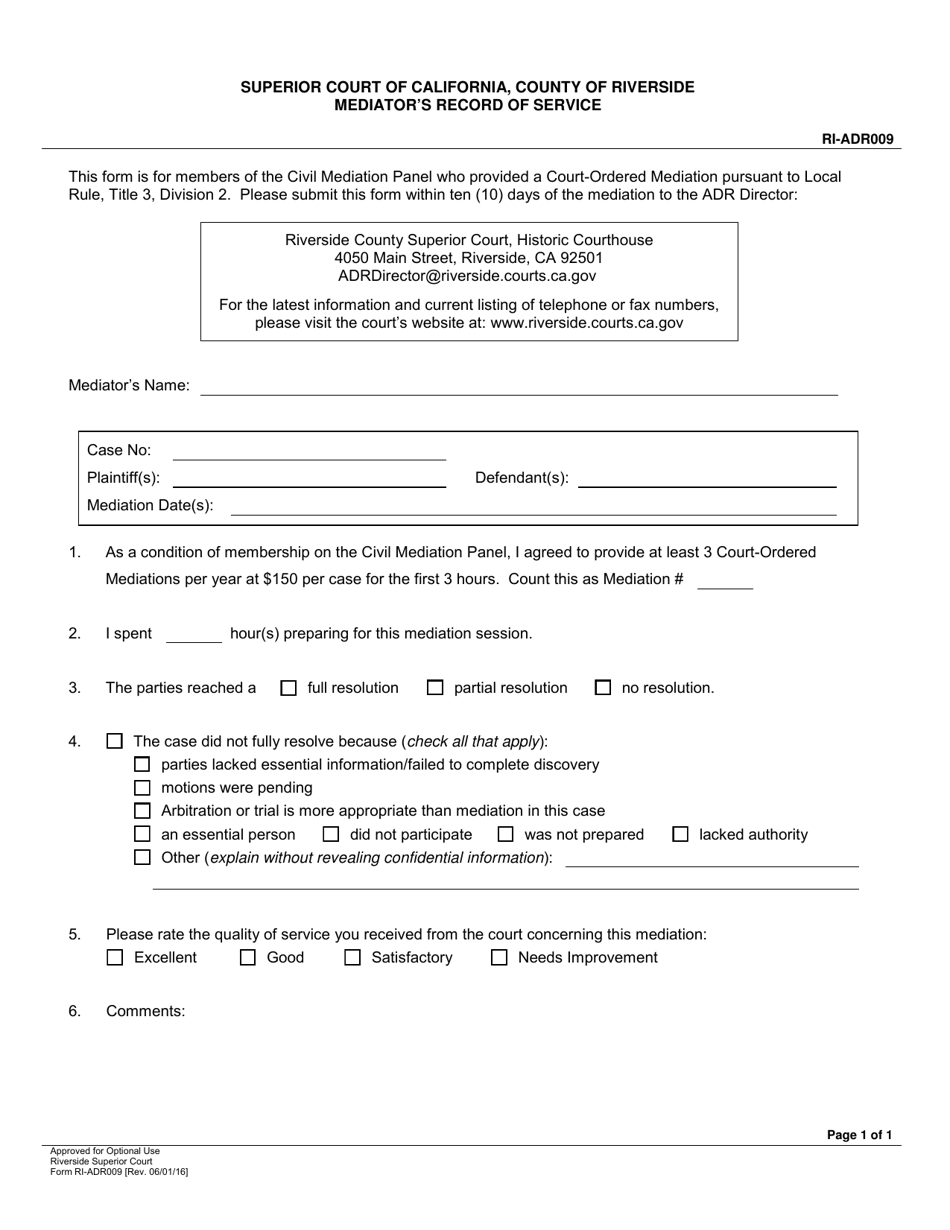 Form RI-ADR009 Mediators Record of Service - County of Riverside, California, Page 1