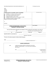 Document preview: Form RI-CR032B Order Withdrawing Lien on Real Property Posted as Bail - County of Riverside, California