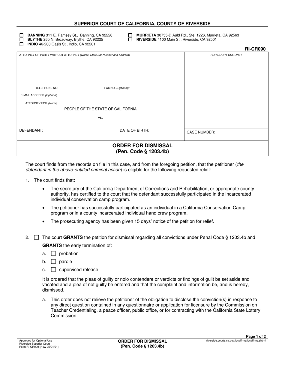 Form RI-CR090 Order for Dismissal - County of Riverside, California, Page 1