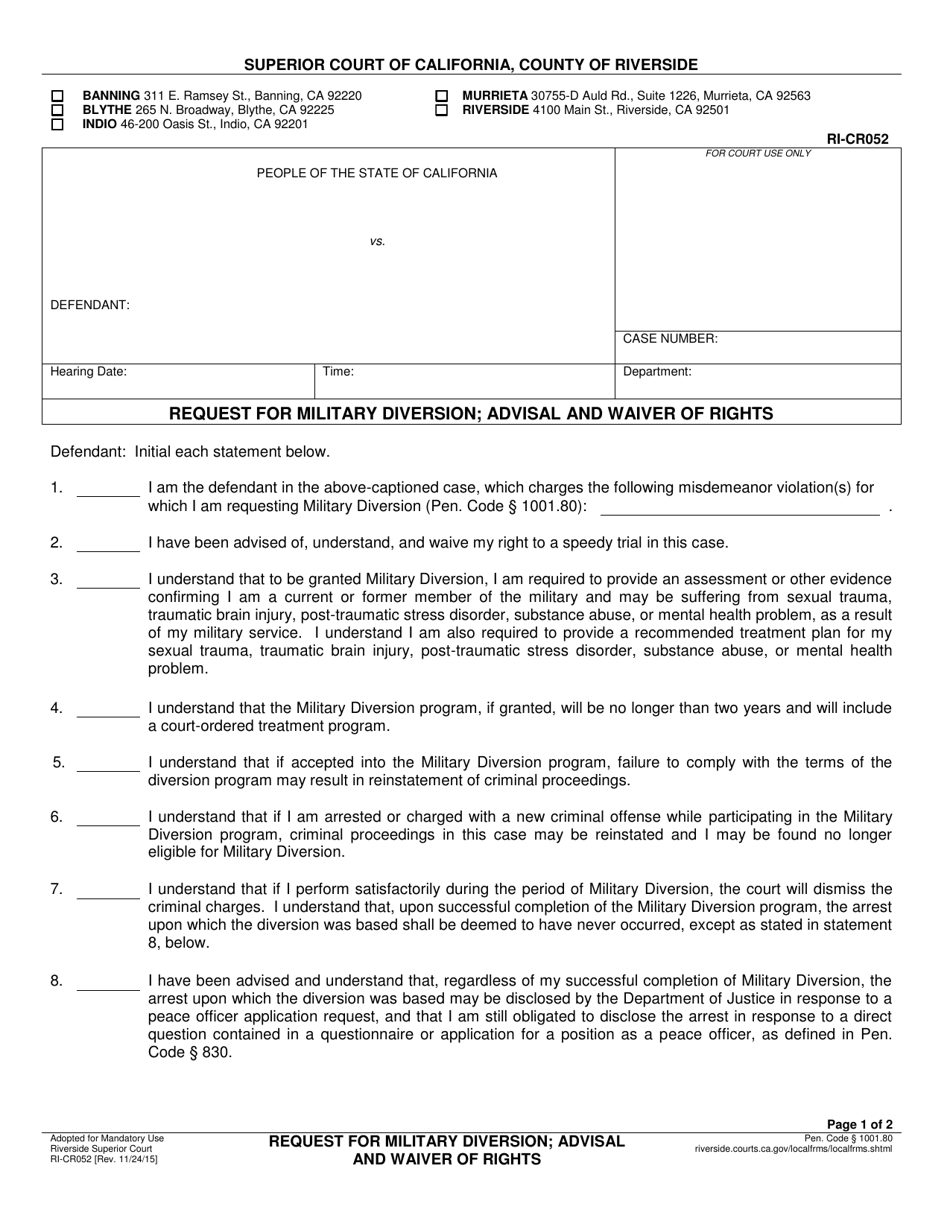 Form RI-CR052 Request for Military Diversion; Advisal and Waiver of Rights - County of Riverside, California, Page 1