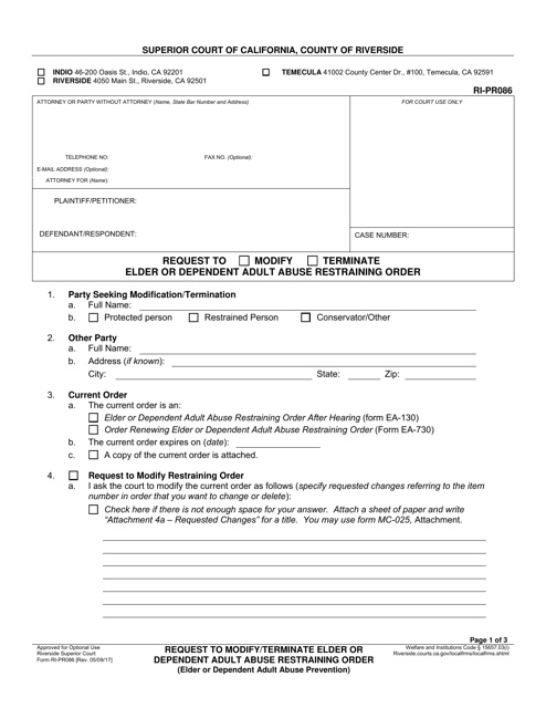 Document preview: Form RI-PR086 Request to Modify/Terminate Elder or Dependent Adult Abuse Restraining Order (Elder or Dependent Adult Abuse Prevention) - County of Riverside, California
