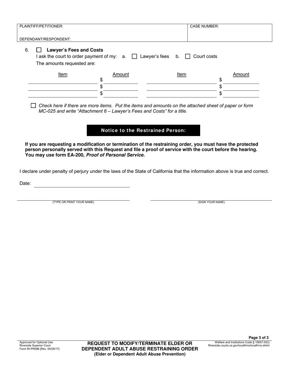 Form RI-PR086 Request to Modify / Terminate Elder or Dependent Adult Abuse Restraining Order (Elder or Dependent Adult Abuse Prevention) - County of Riverside, California, Page 3
