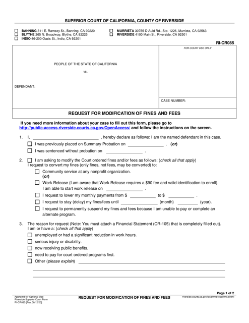 Form RI-CR085 Request for Modification of Fines and Fees - County of Riverside, California