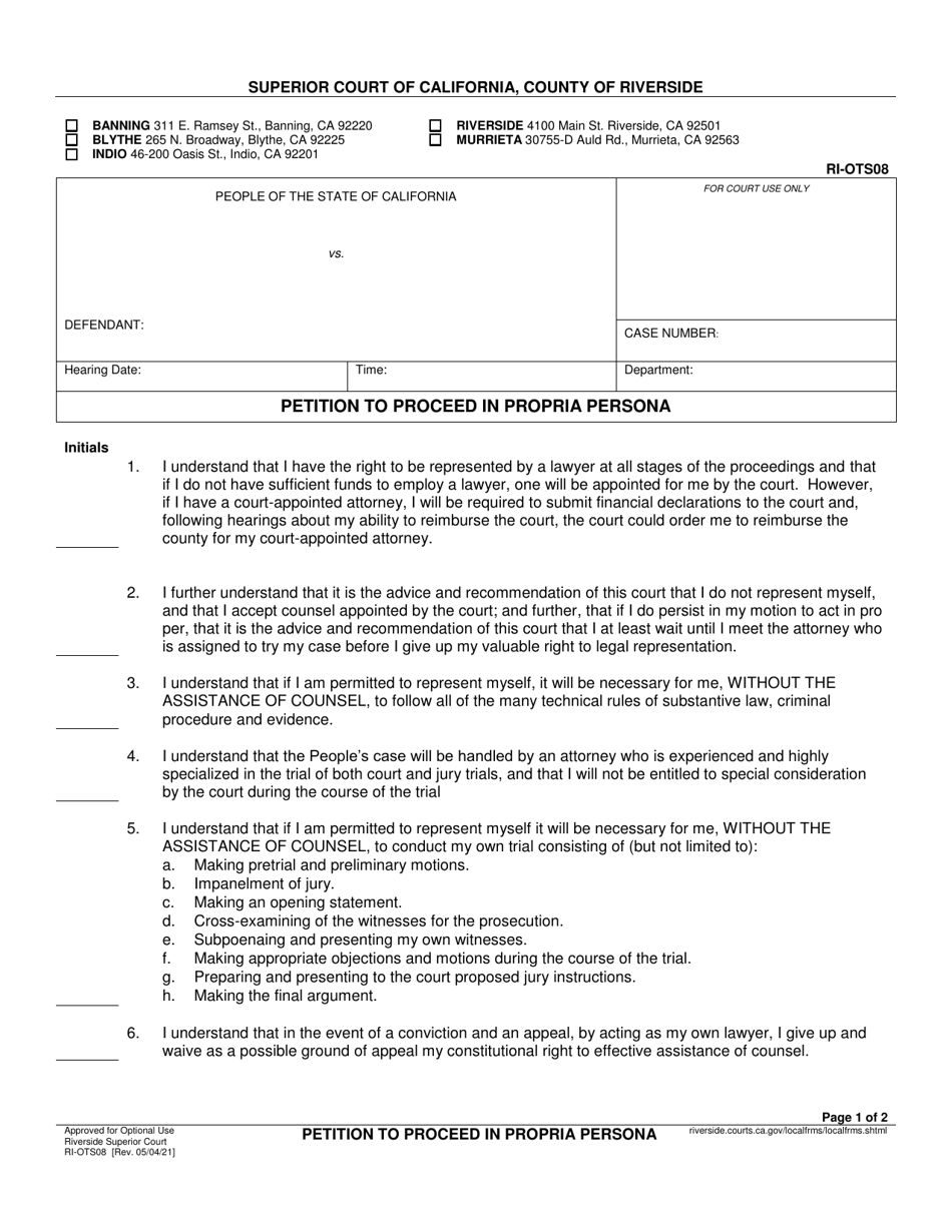 Form RI-OTS08 Petition to Proceed in Propria Persona - County of Riverside, California, Page 1