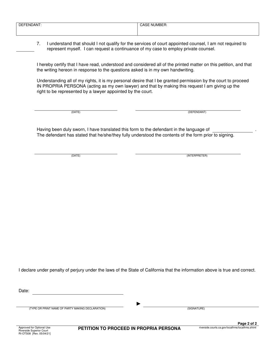 Form RI-OTS08 Petition to Proceed in Propria Persona - County of Riverside, California, Page 2