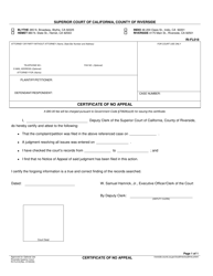 Document preview: Form RI-FL018 Certificate of No Appeal - County of Riverside, California