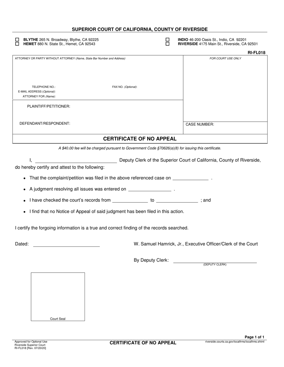 Form RI-FL018 Certificate of No Appeal - County of Riverside, California, Page 1