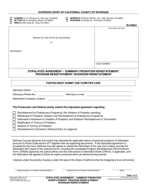 Form RI-CR081 Stipulated Agreement - Summary Probation Reinstatemen/Program Reinstatemen/Diversion Reinstatement - County of Riverside, California