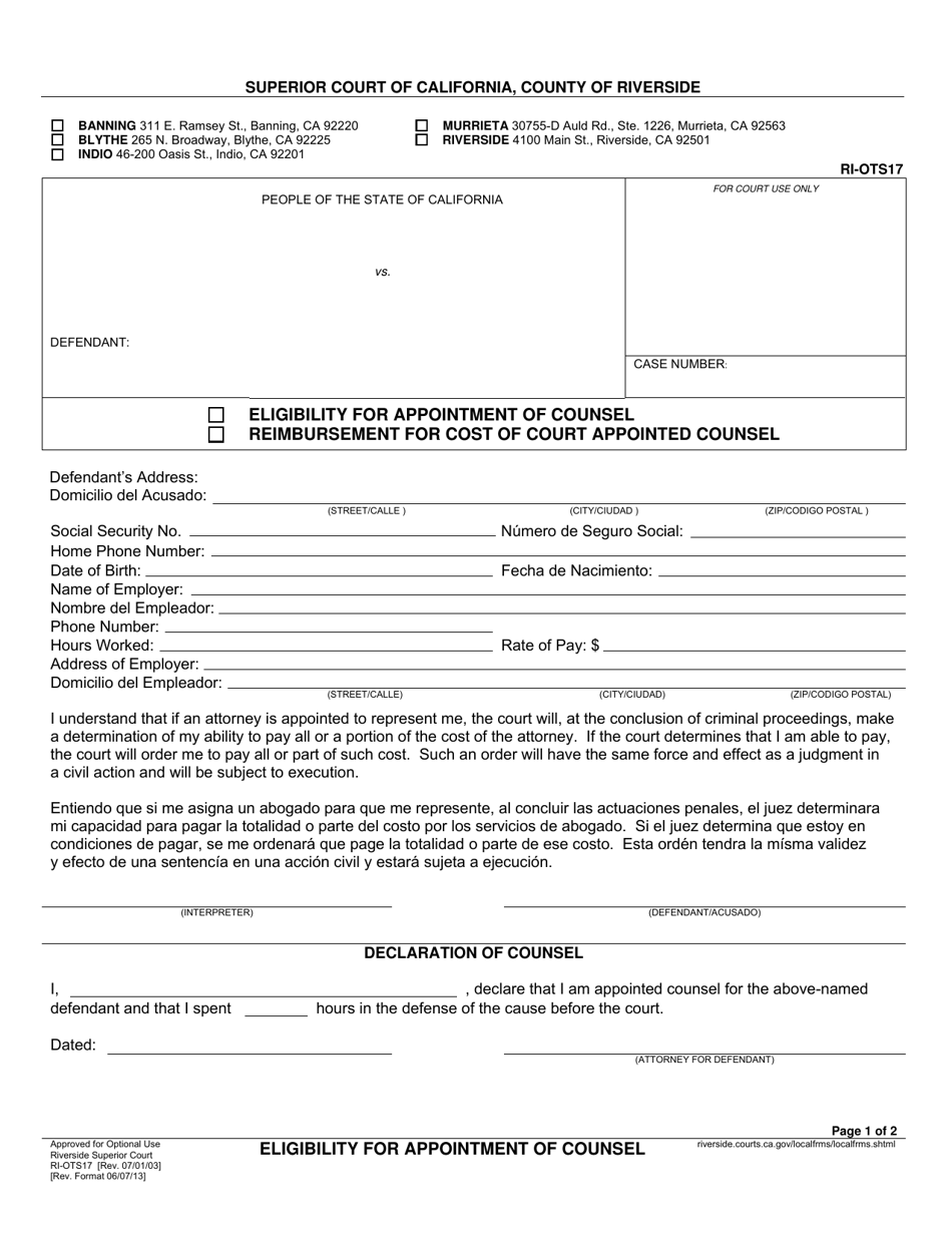Form RI-OTS17 Eligibility for Appointment of Counsel / Reimbursement for Cost of Court Appointed Counsel - County of Riverside, California, Page 1