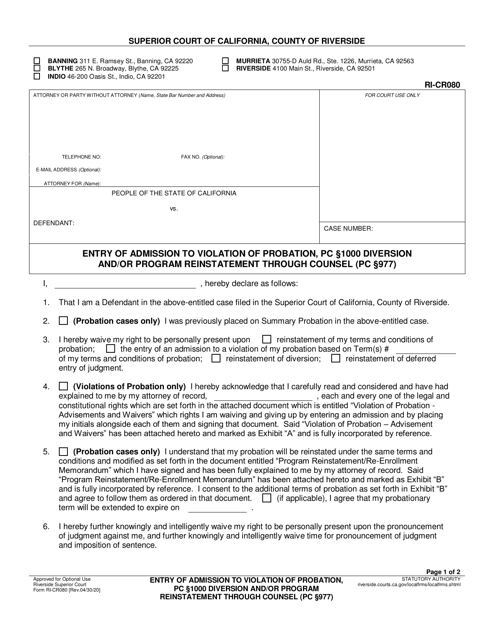 Form RI-CR080 Entry of Admission to Violation of Probation, Pc 1000 Diversion and/or Program Reinstatement Through Counsel (Pc 977) - County of Riverside, California