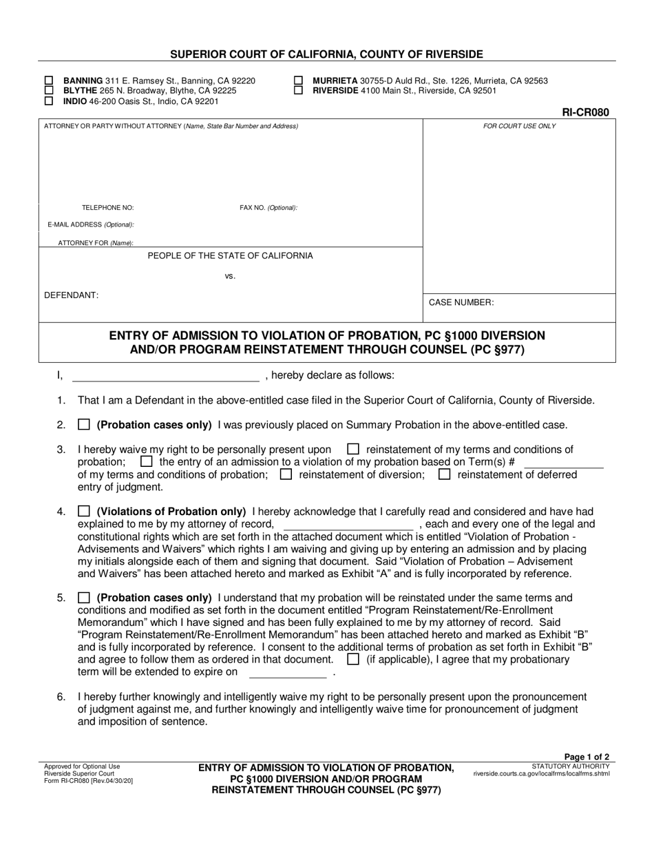 Form RI-CR080 Entry of Admission to Violation of Probation, Pc 1000 Diversion and / or Program Reinstatement Through Counsel (Pc 977) - County of Riverside, California, Page 1