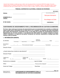 Document preview: Formulario RI-FL024 Cuestionario De Asesoramiento Para La Recomendacion De Custodia De Menores - County of Riverside, California (Spanish)