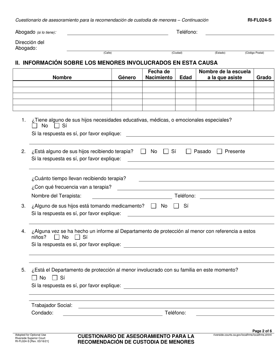 Formulario RI-FL024 Cuestionario De Asesoramiento Para La Recomendacion De Custodia De Menores - County of Riverside, California (Spanish), Page 2