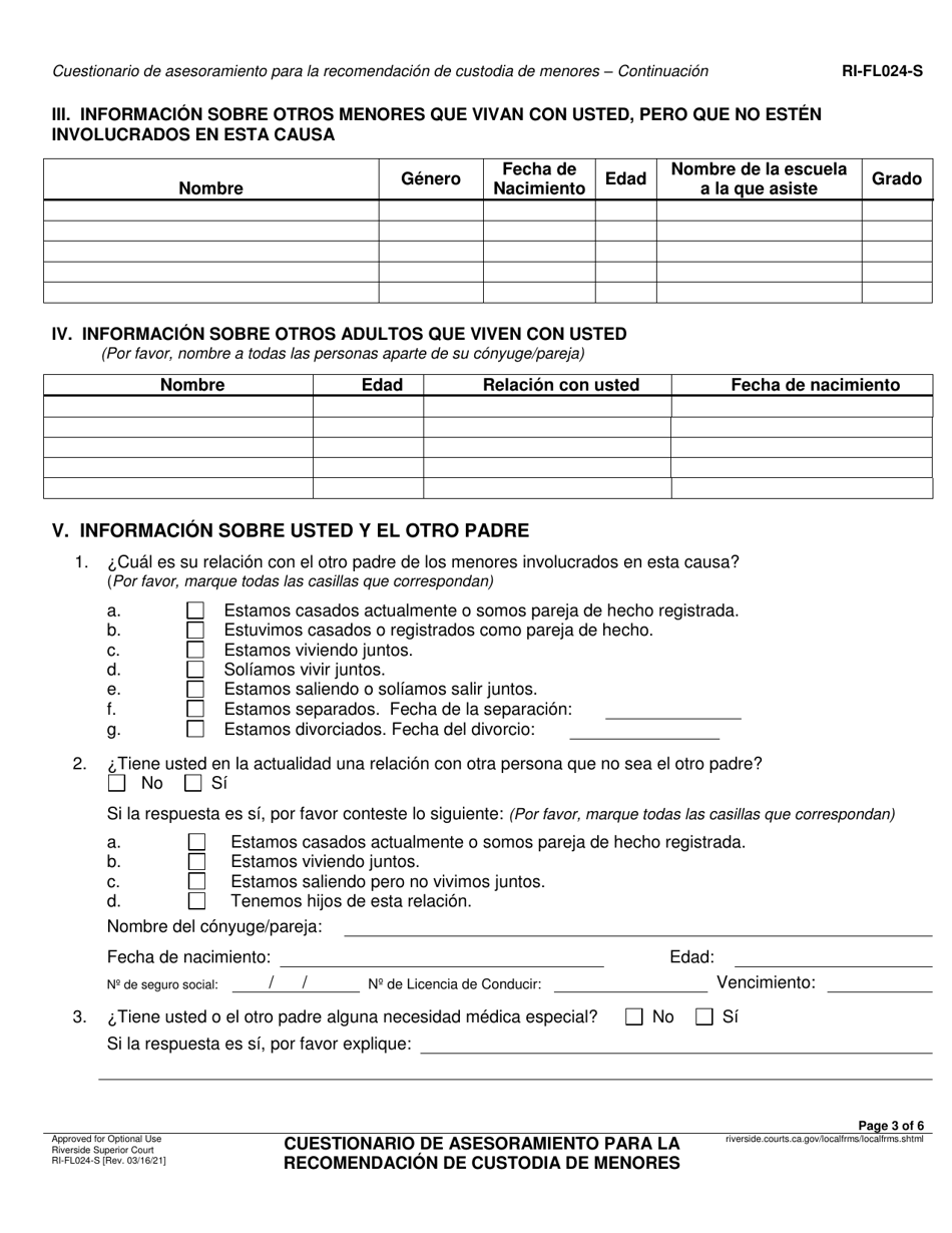 Formulario RI-FL024 Cuestionario De Asesoramiento Para La Recomendacion De Custodia De Menores - County of Riverside, California (Spanish), Page 3