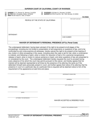 Document preview: Form RI-CR005 Waiver of Defendant's Personal Presence - County of Riverside, California