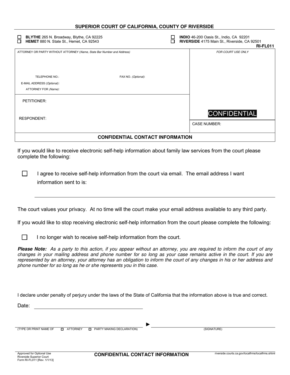Form RI-FL011 Confidential Contact Information - County of Riverside, California, Page 1