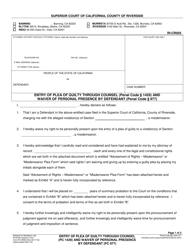 Document preview: Form RI-CR055 Entry of Plea of Guilty Through Counsel (Pc 1429) and Waiver of Personal Presence by Defendant (Pc 977) - County of Riverside, California