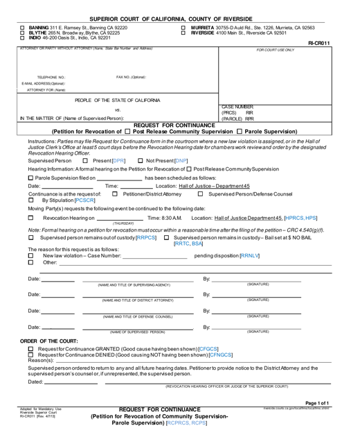 Form RI-CR011 Request for Continuance (Petition for Revocation of Community Supervision/Parole Supervision) - County of Riverside, California
