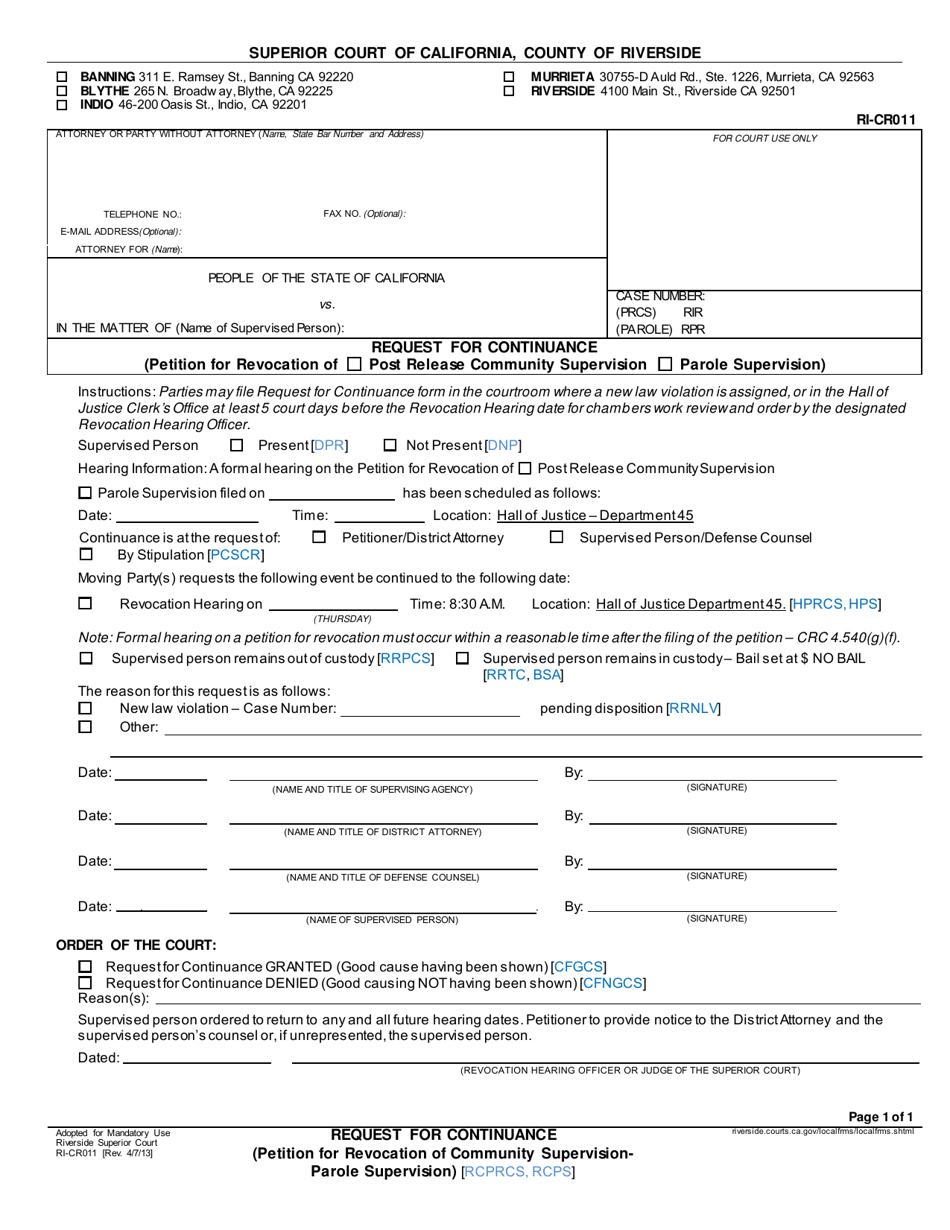 Form RI-CR011 Request for Continuance (Petition for Revocation of Community Supervision / Parole Supervision) - County of Riverside, California, Page 1