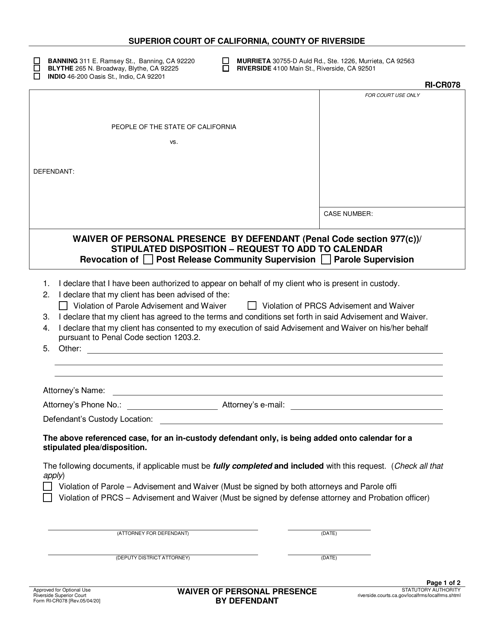 Form RI-CR078 Waiver of Personal Presence by Defendant - County of Riverside, California