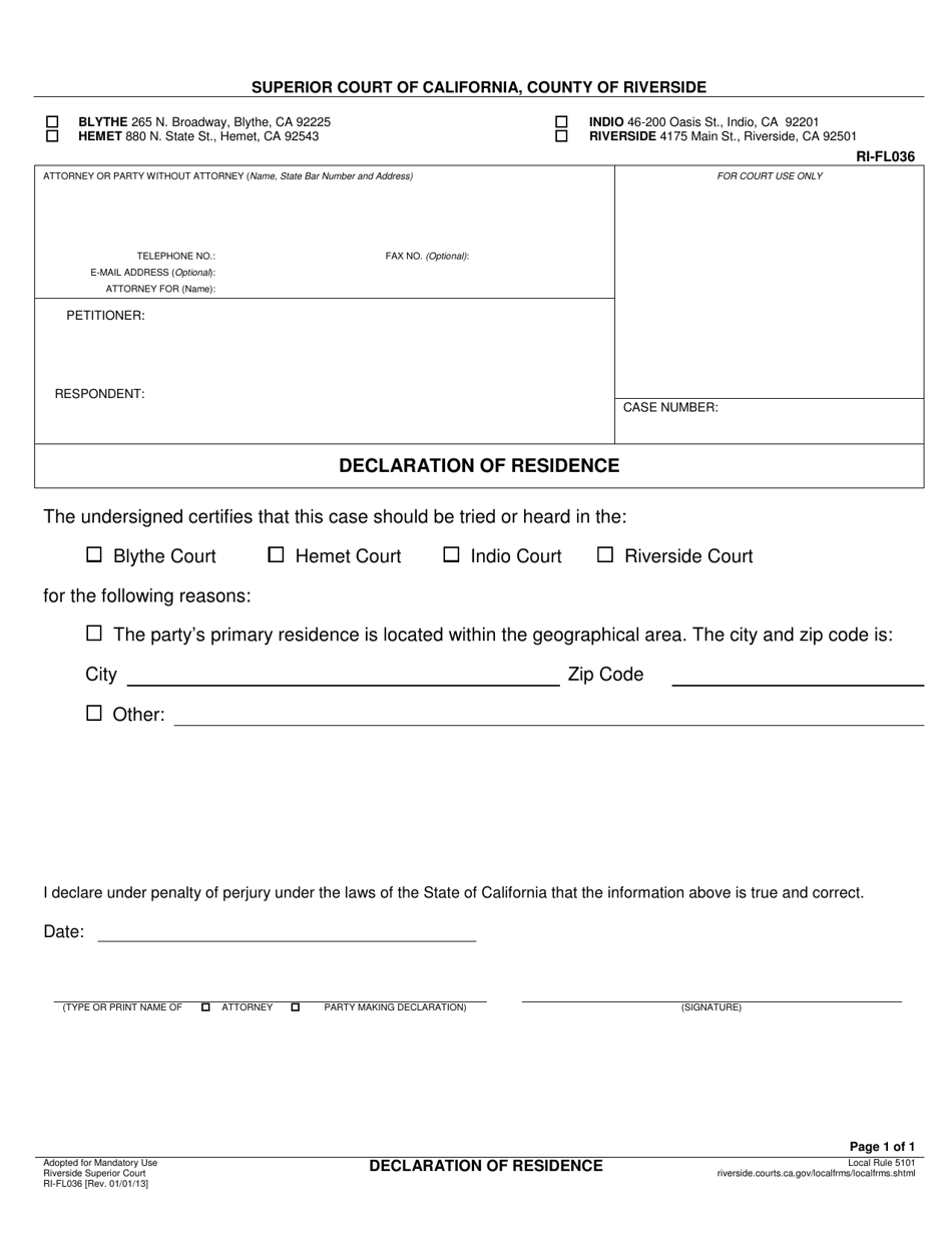 Form RI-FL036 Declaration of Residence - County of Riverside, California, Page 1