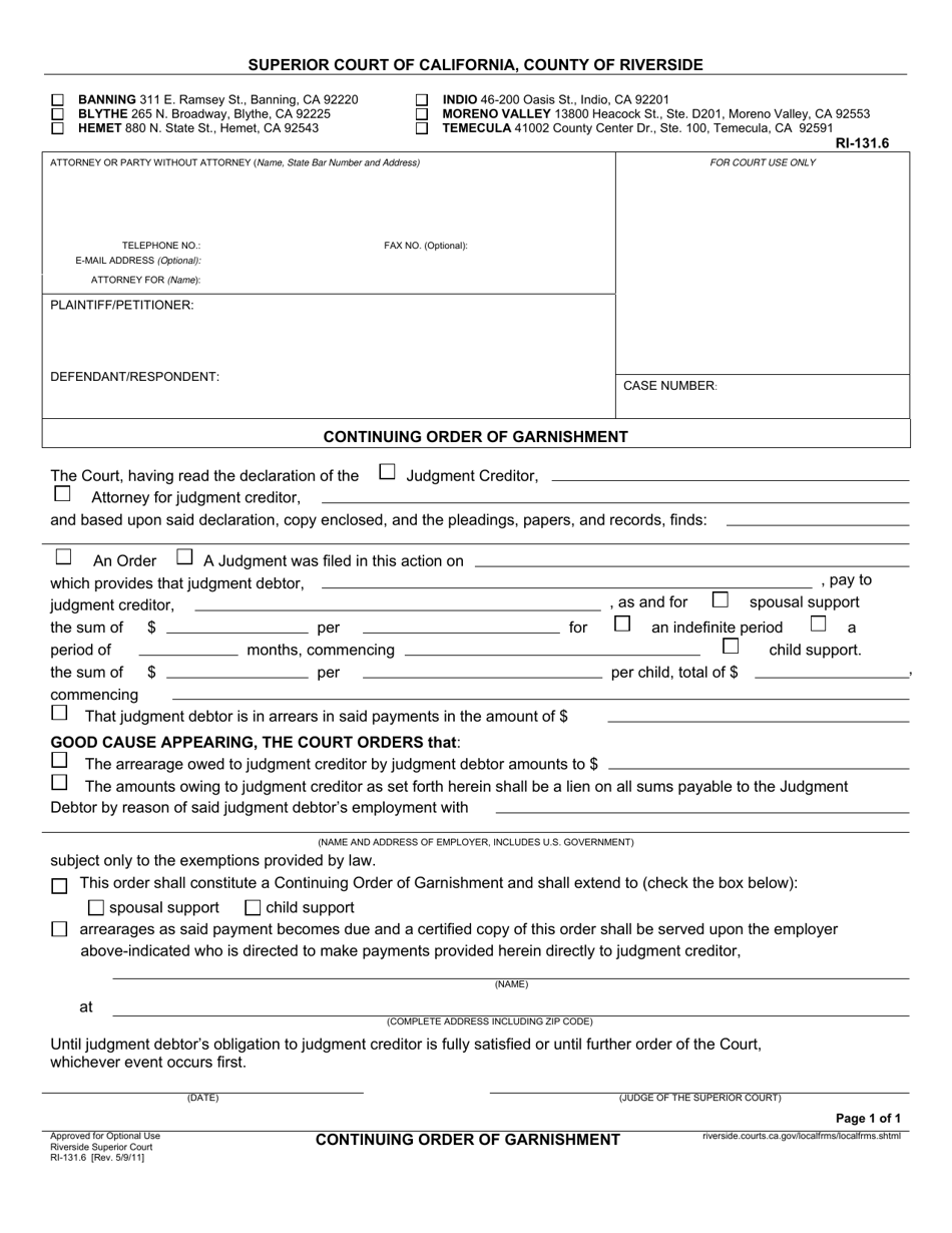 Form RI-131.6 Continuing Order of Garnishment - County of Riverside, California, Page 1