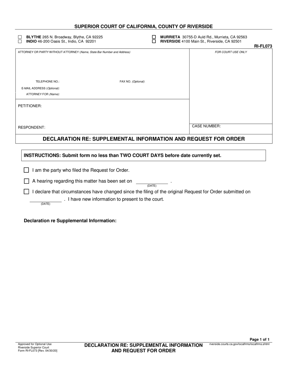 Form RI-FL073 Declaration Re: Supplemental Information and Request for Order - County of Riverside, California, Page 1