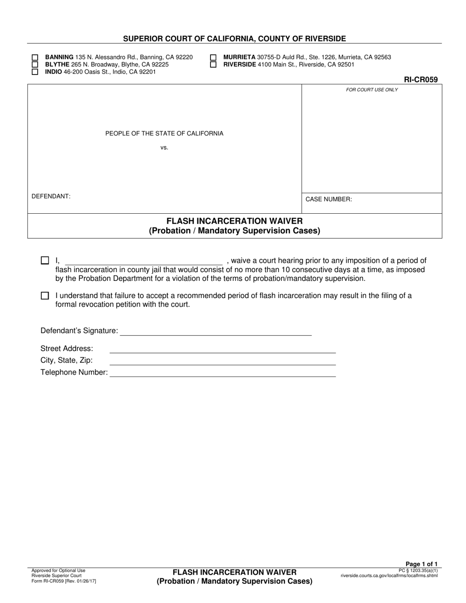 Form RI-CR059 Flash Incarceration Waiver (Probation / Mandatory Supervision Cases) - County of Riverside, California, Page 1