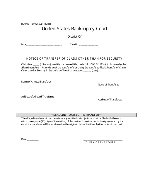 Form B2100B Notice of Transfer of Claim Other Than for Security