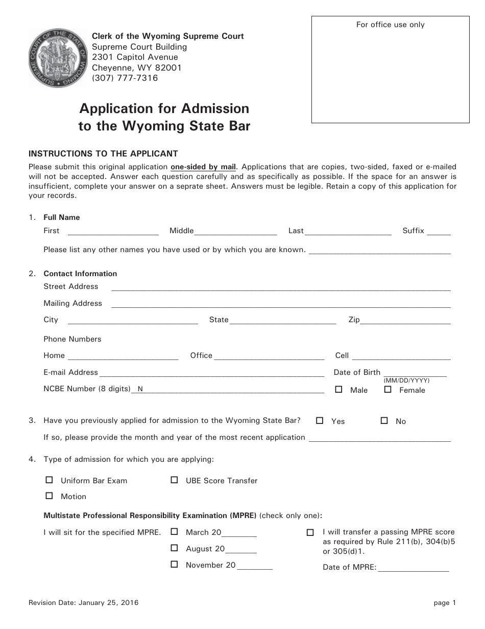 Application for Admission to the Wyoming State Bar - Wyoming, Page 1
