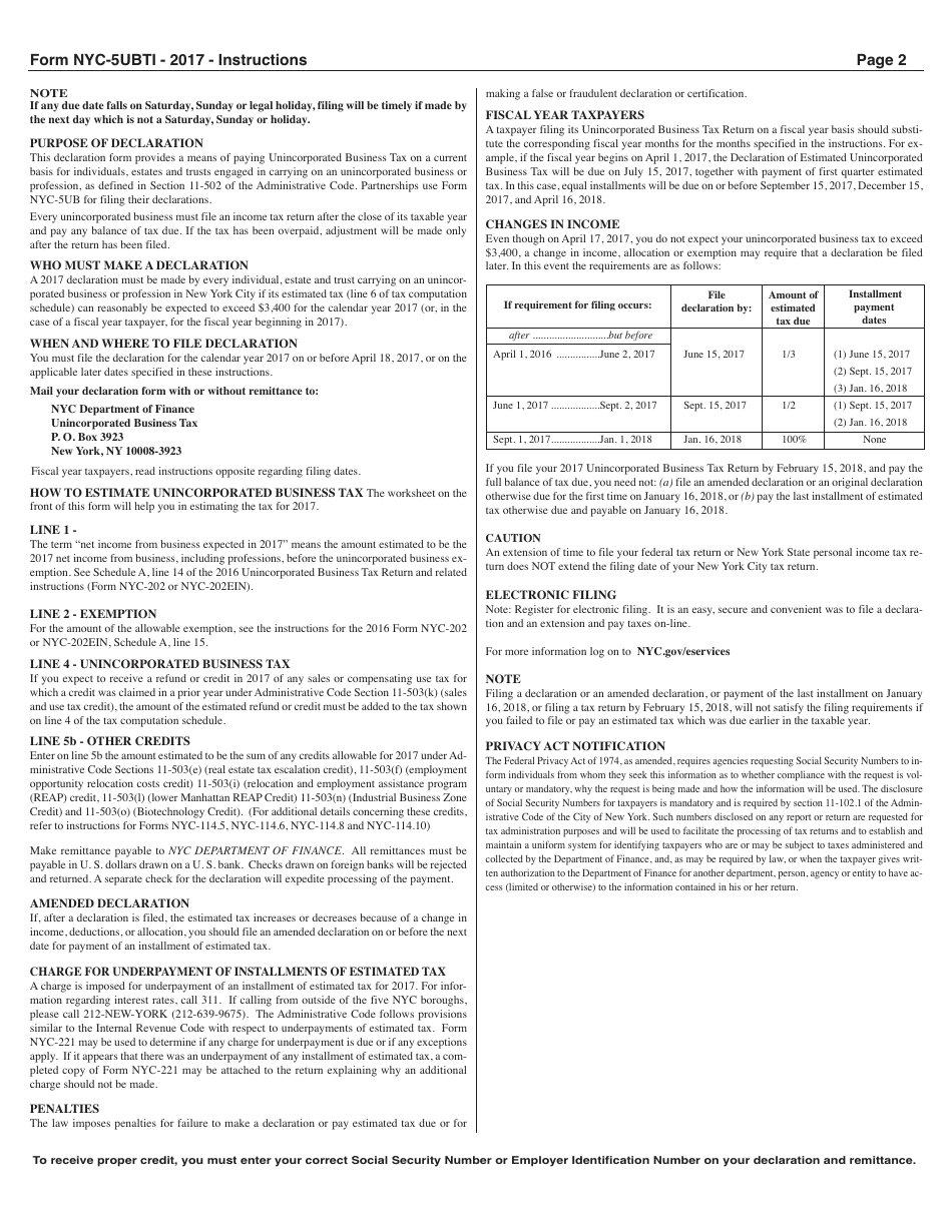 Form NYC-5UBTI Declaration of Estimated Unincorporated Business Tax (For Individuals, Estates and Trusts) - New York City, New York City, Page 2