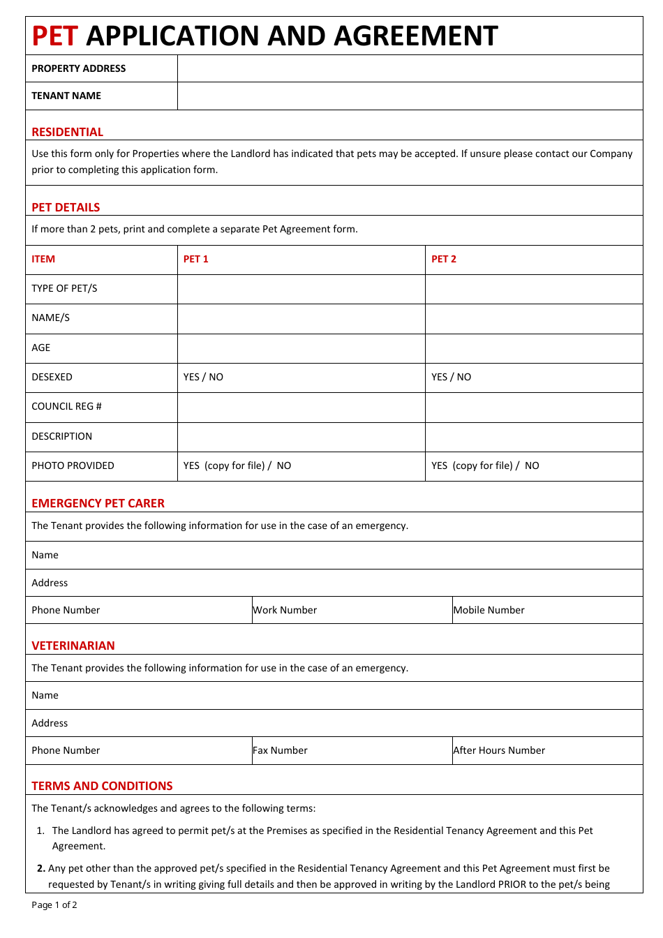 Pet Application and Agreement Template, Page 1