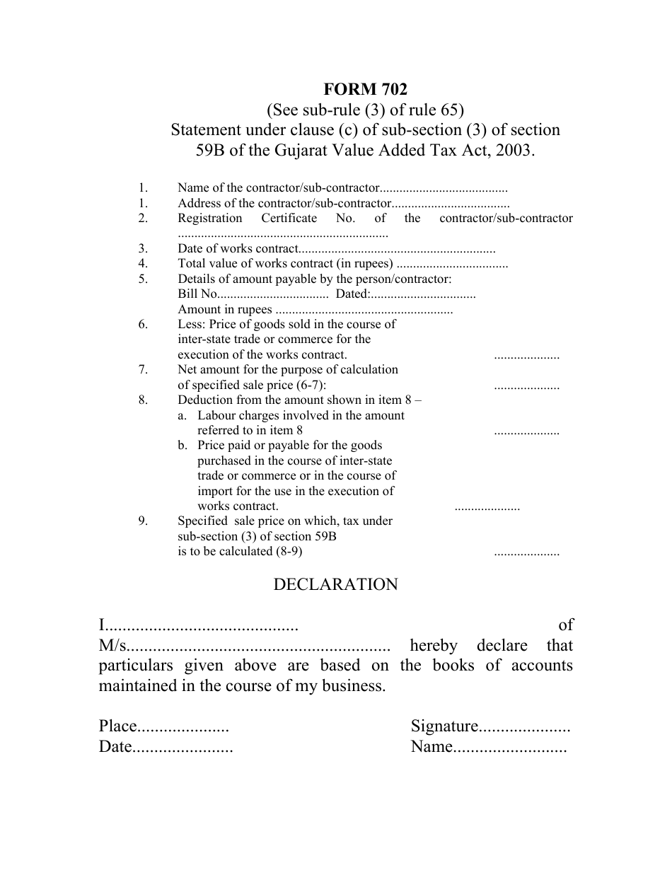 Form 702 Commercial Tax Gujarat - Gujarat, India, Page 1