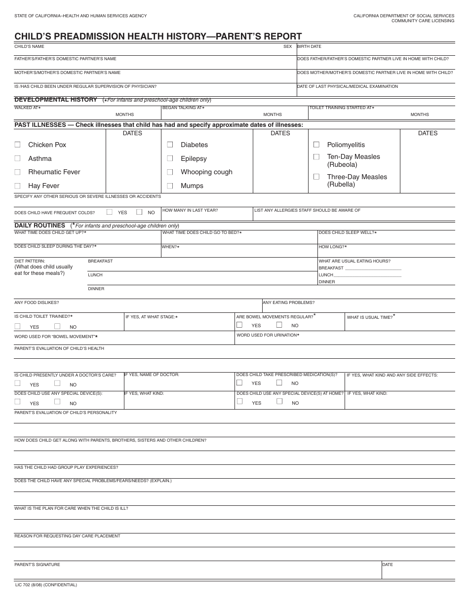 Form LIC702 Childs Preadmission Health History - Parents Report - California, Page 1