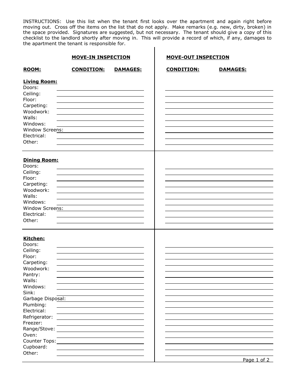 move in/move out inspection sheet template - printable document