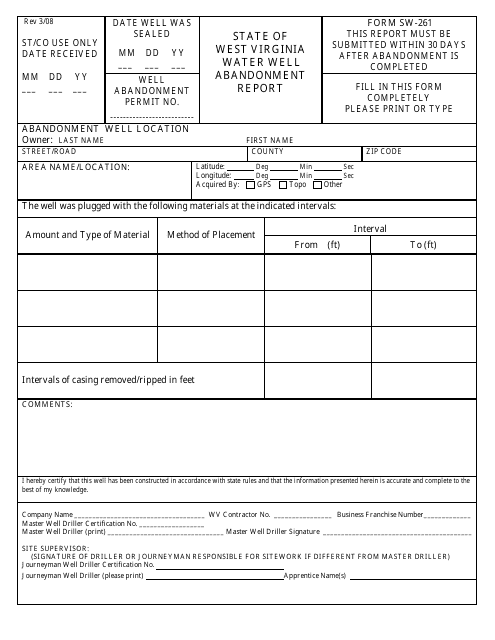 Form SW-261 Water Well Abandonment Report - West Virginia