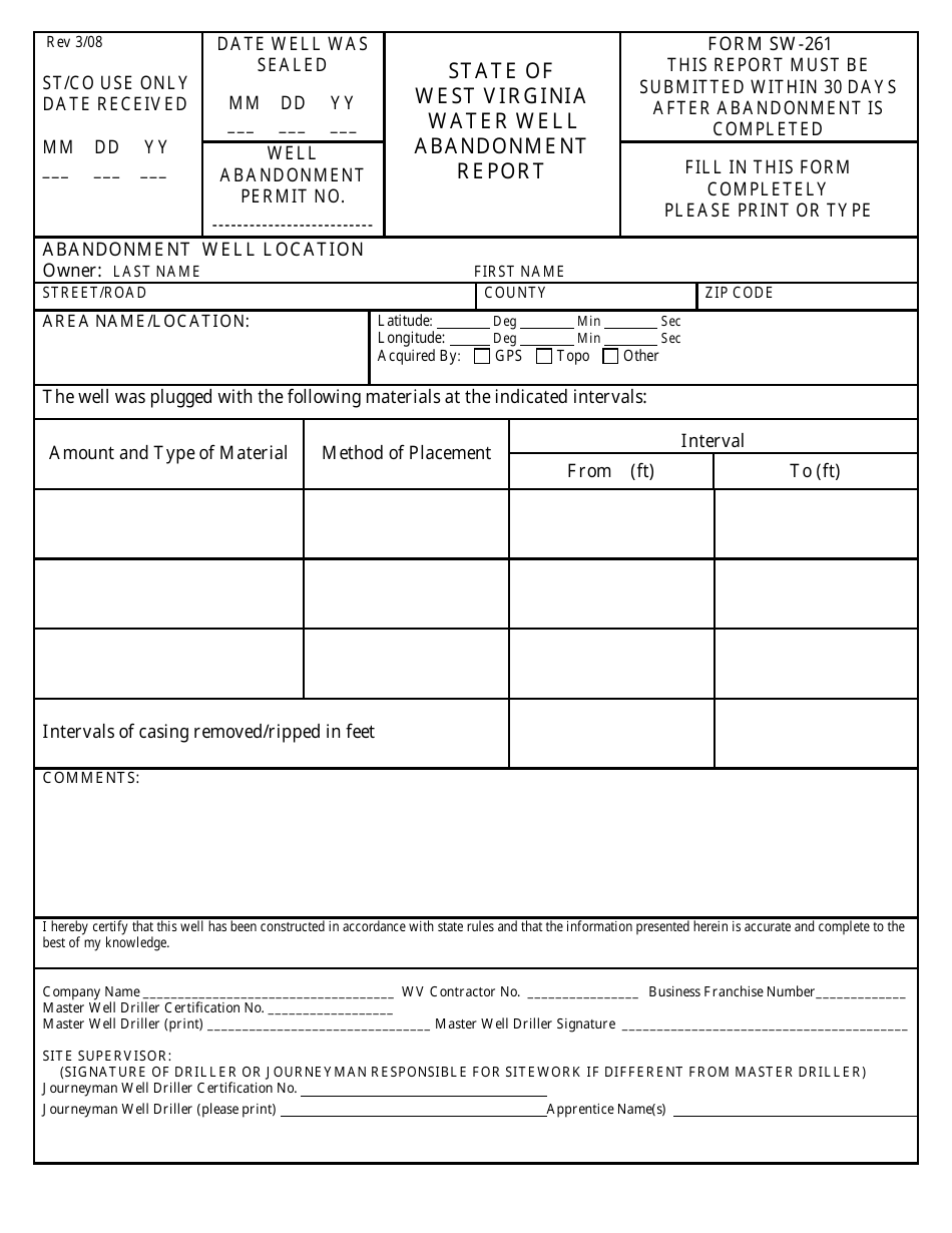 Form SW-261 Water Well Abandonment Report - West Virginia, Page 1