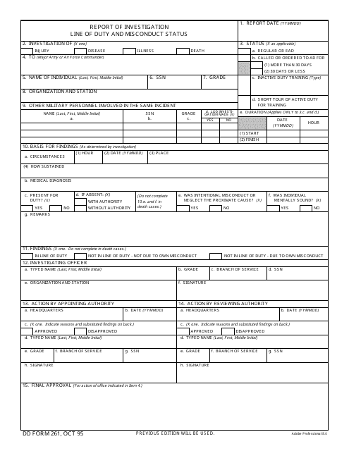 DD Form 261  Printable Pdf