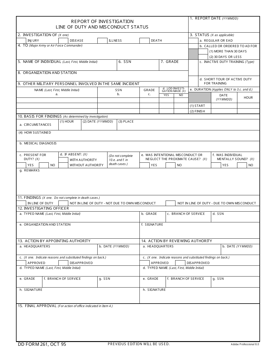 DD Form 261 Report of Investigation Line of Duty and Misconduct Status, Page 1