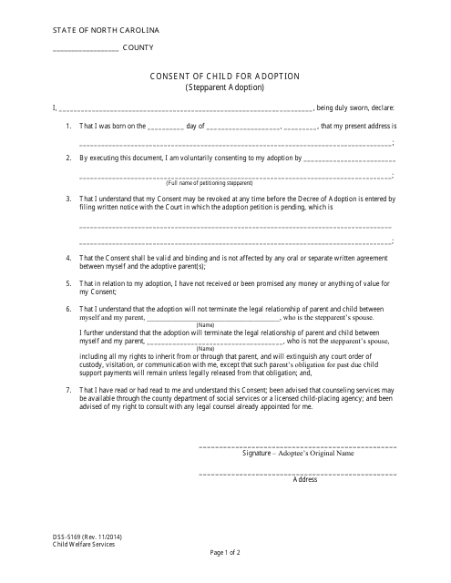 Form DSS-5169 Consent of Child for Adoption - North Carolina