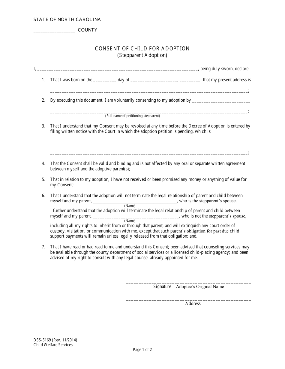 Form DSS-5169 Consent of Child for Adoption - North Carolina, Page 1