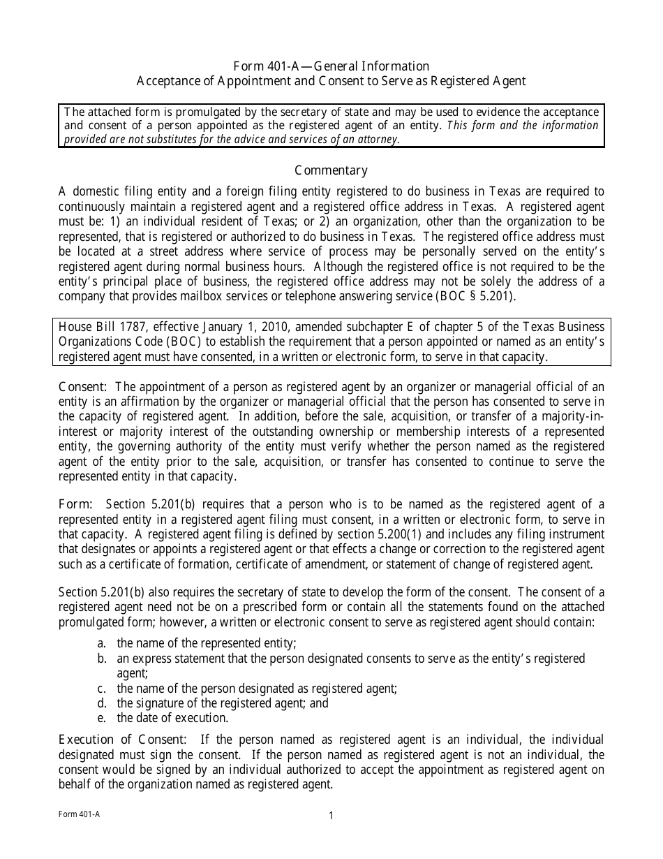 Form 401-A Acceptance of Appointment and Consent to Serve as Registered Agent - Texas, Page 1