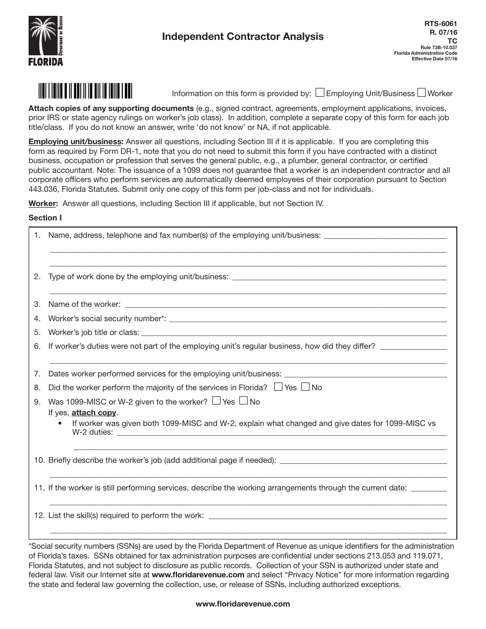 Form Rts 6061 Download Printable Pdf Or Fill Online Independent Contractor Analysis Florida Templateroller