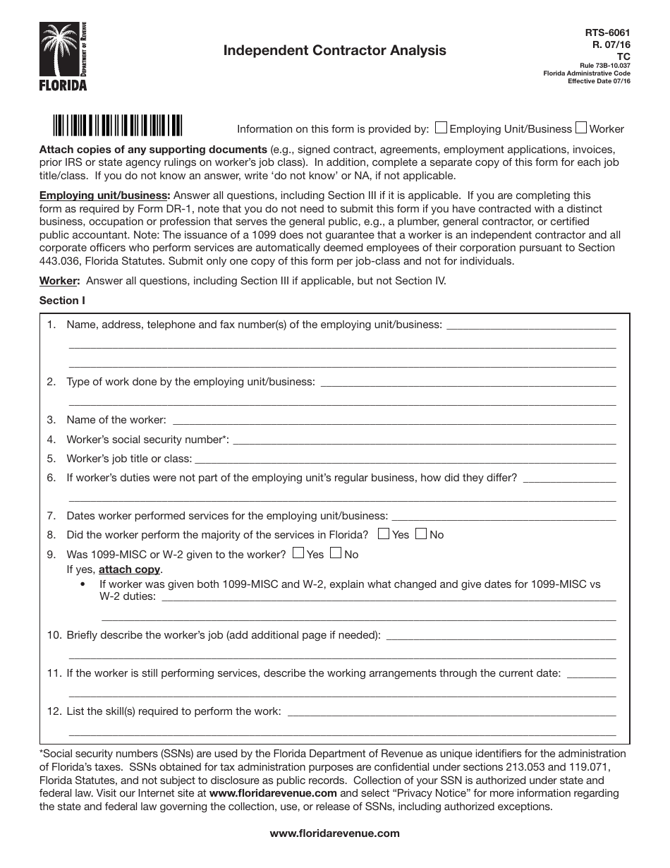Form RTS-6061 Independent Contractor Analysis - Florida, Page 1