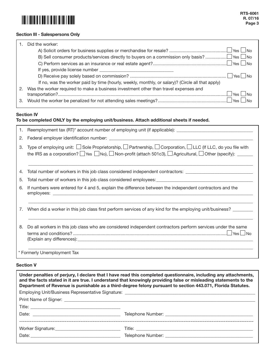 Form RTS-6061 Independent Contractor Analysis - Florida, Page 3