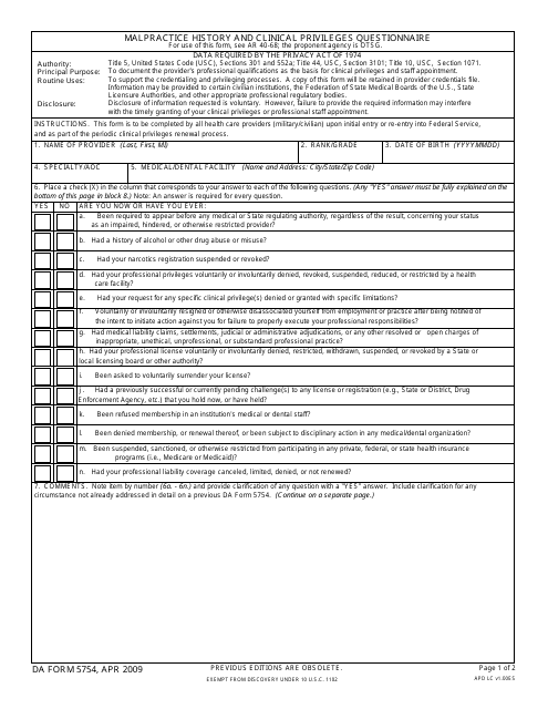 DA Form 5754 Malpractice History and Clinical Privileges Questionnaire