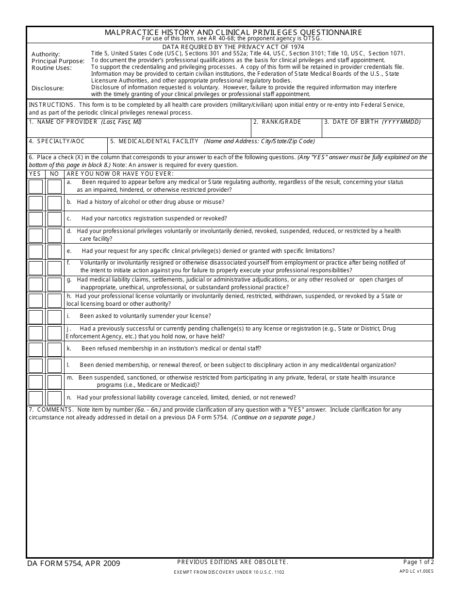 DA Form 5754 Malpractice History and Clinical Privileges Questionnaire, Page 1