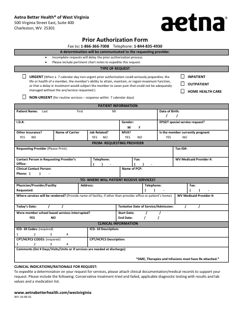 Form WV-16-06-01 Prior Authorization Form - Aetna - Charleston, West Virginia
